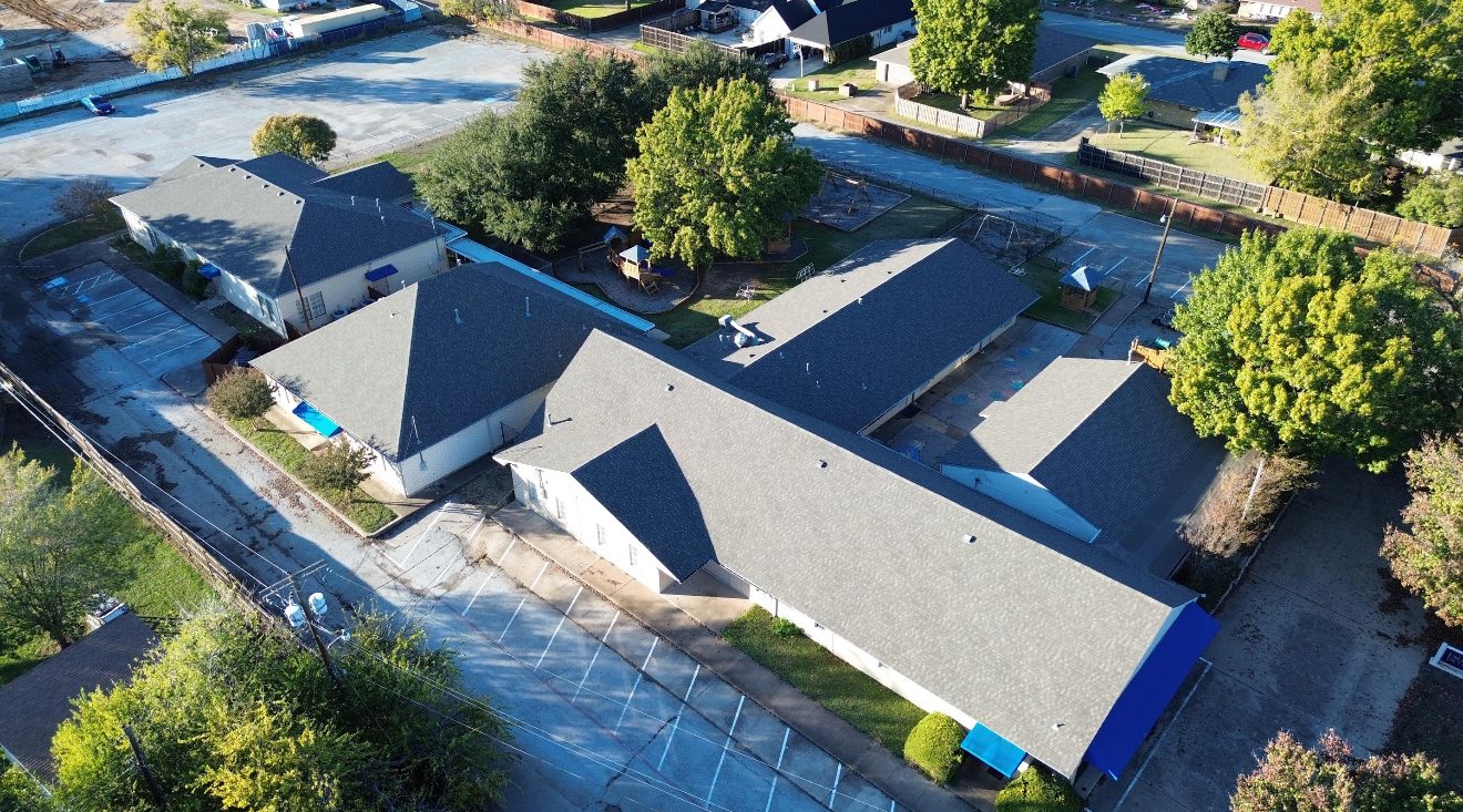 Aerial view of the future Masjid-e-Aaminah building and grounds in Irving